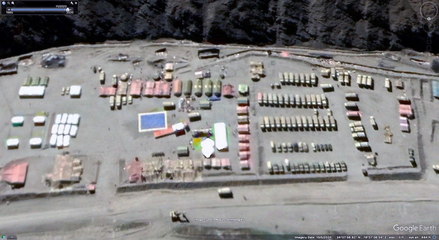 Support area for combined arms regiment in Galwan Valley, October 2020 (note the three green field hospital tents center frame)