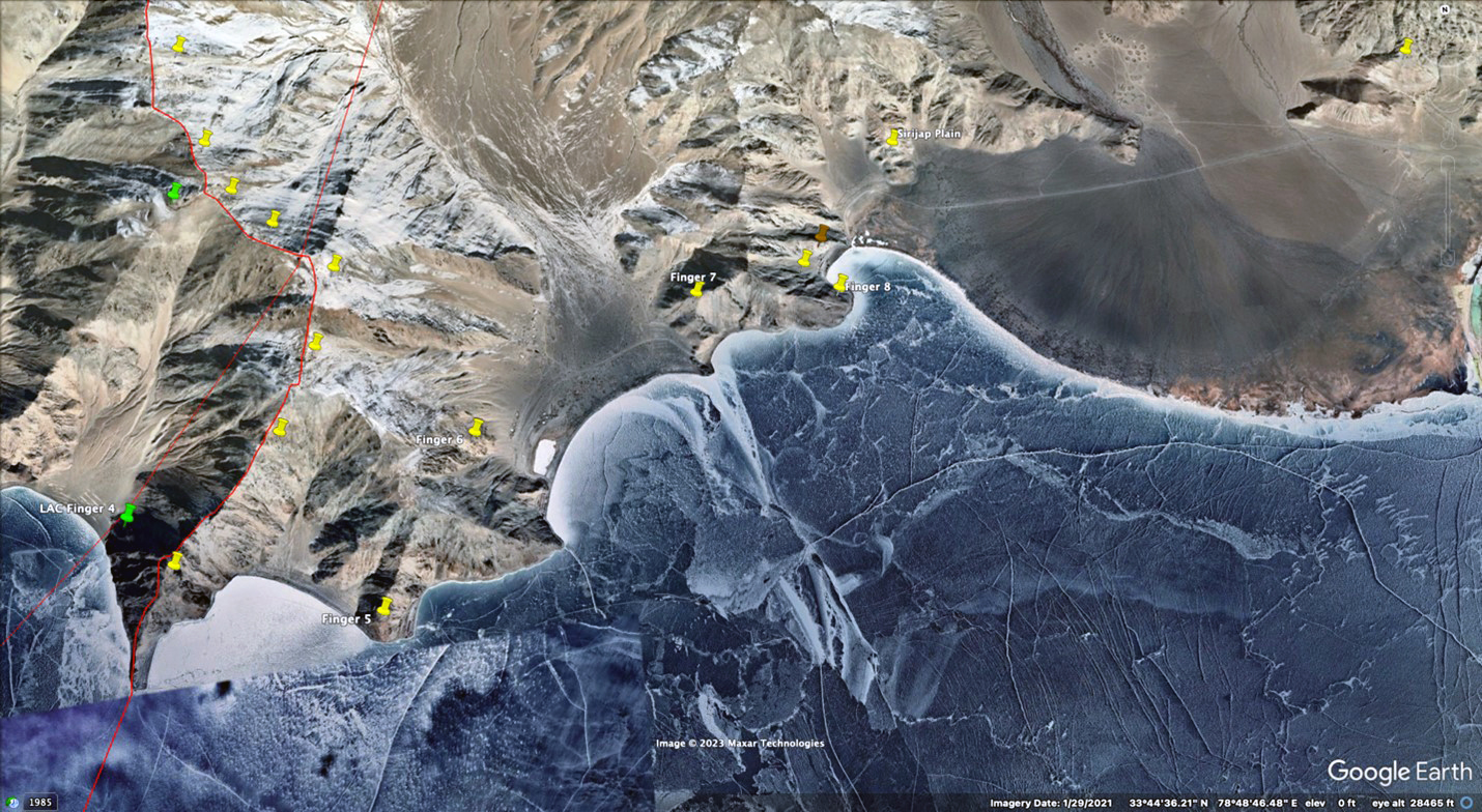 Fingers 4–8 on north shore of Pangong Lake with the Sirijap Plain to east, January 2021 Fingers 4–8 on north shore of Pangong Lake with the Sirijap Plain to east, January 2021