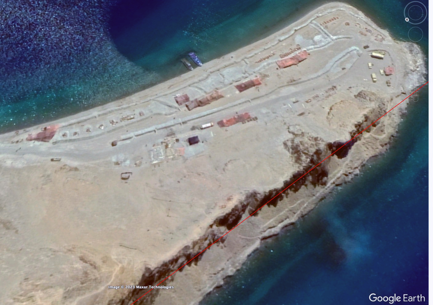 Probable PLA company outpost under red camouflage tarps on LAC (red line) at Finger 4 on north shore of Pangong Lake (note two patrol boats on the shore), June 2020