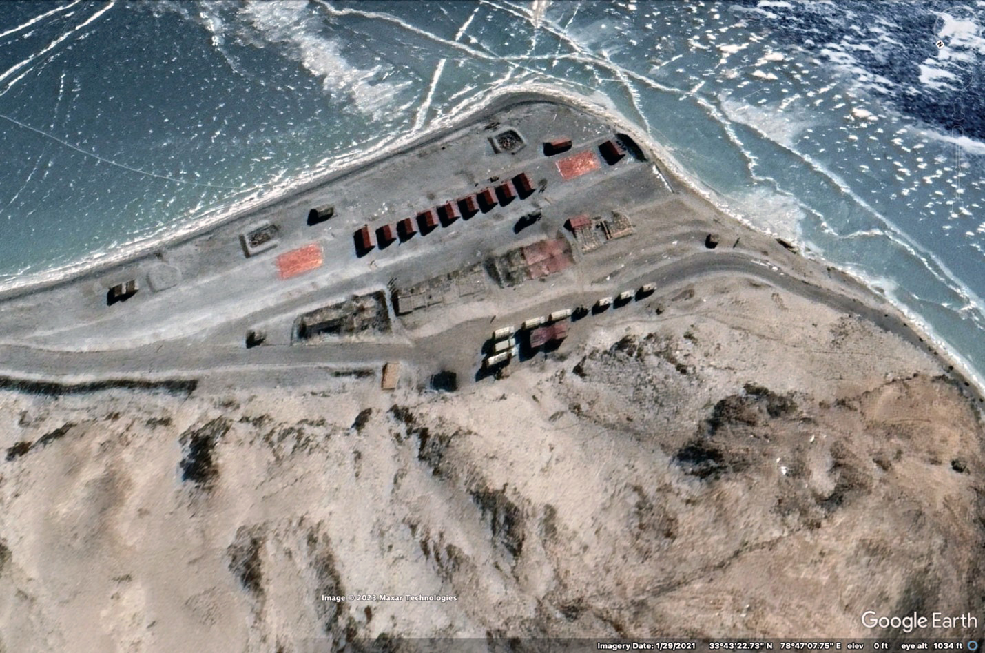 After negotiated withdrawal, probable PLA company outpost at Finger 5 on north shore of Pangong Lake, January 2021