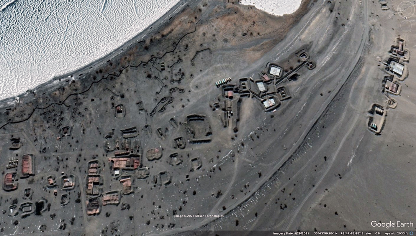 Fortified camp for elements of Combined Arms Regiment on north shore of Pangong Lake, January 2021