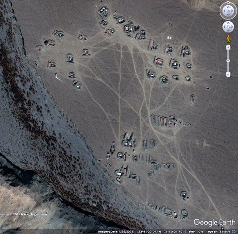 Fortified positions for elements of self-propelled artillery or multiple rocket launcher battalion on Sirijap Plain, north shore of Pangong Lake, January 2021