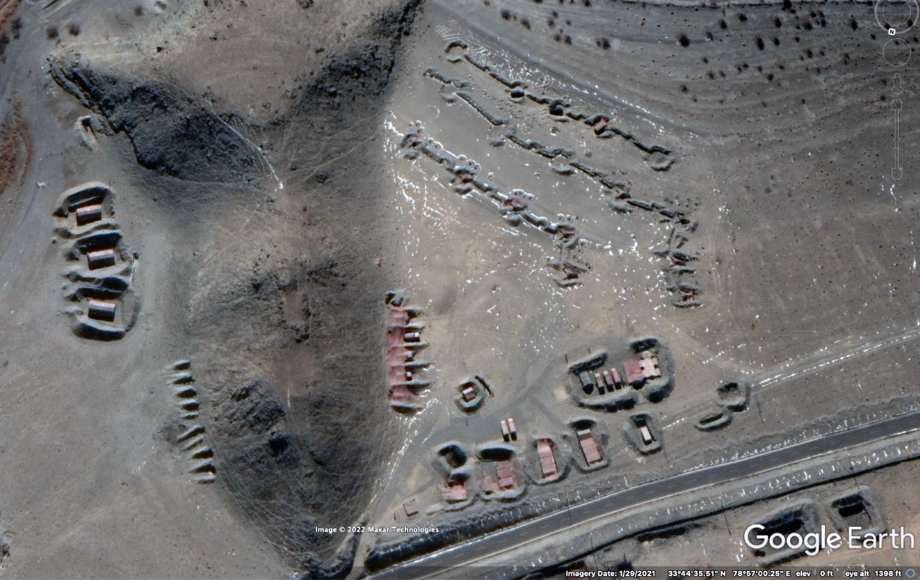 Firing positions for elements of 152mm artillery battalion on north shore of Pangong Lake, January 2021