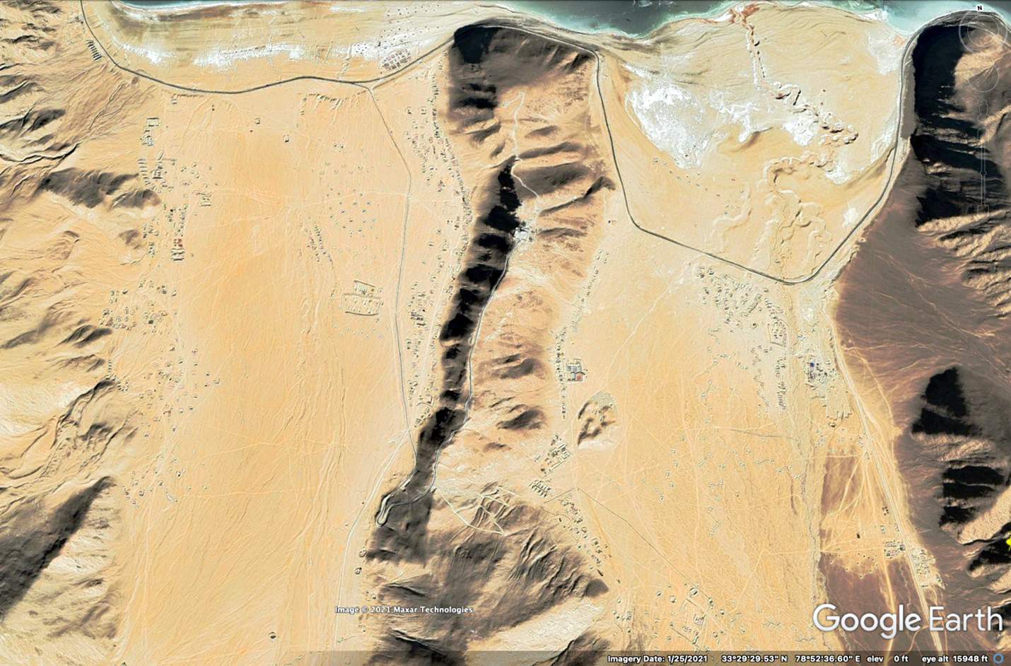 South bank of Spanggur Lake, fortified encampments for multiple battalions in Two Valleys leading to Rechin La, January 2021 South bank of Spanggur Lake, fortified encampments for multiple battalions in Two Valleys leading to Rechin La, January 2021